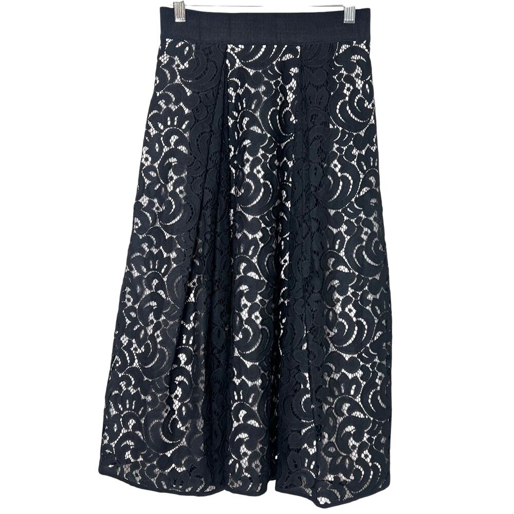 Milly Black Floral Lace Pleated Midi Skirt Size 2